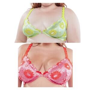 Savage X Fenty Perfect Poppies Set of 2 Unlined Lace Demi Bras 36DD Romantic